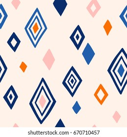 Cute Diamond Rhombus Shape Vector Seamless Pattern. Hand Drawn Doodle Tileable Background With Abstract Geometric Shapes In Blue, Navy, Pink And Orange.