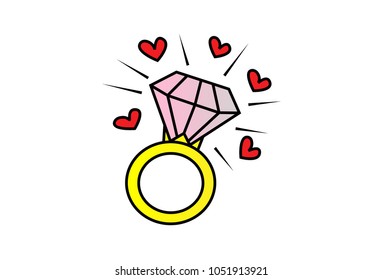 Cute Diamond Ring. Vector Illustration. Isolated on white background.