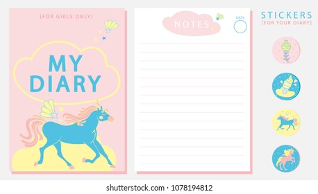 Cute diary cover and paper notes with unicorn and beautiful elements