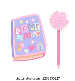 Cute diary for girls with fluffy pen. Vector illustration of y2k, 2000s, 1990s, 1980s graphic design. Comic element for sticker, poster, graphic tee print, bullet journal cover, card. Bright colors