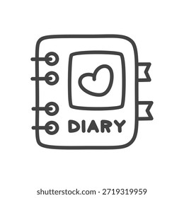 Ícone de bloco de anotações de diário bonito. Ilustração de doodle monocromático de diário com etiqueta do coração e marcadores em estilo feminino. Adesivo Kawaii. Vetor 10 EPS.