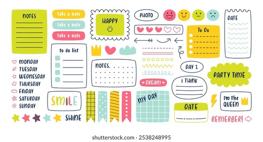 Cute diary notes, to-do list, memo doodles, reminders design, week schedule templates, bookmarks, funny doodles, emoticons and decor elements set. Notebook notice printable vector illustration