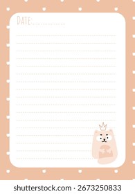 A cute diary page with a funny cat in pink tones in a simple flat style