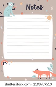 Cute diary page template with lines for notes. Notebook, planner paper sheet design in childish Scandinavian style. Blank background for notepad with funny animals. Colored flat vector illustration