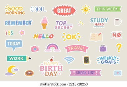 Cute diary sticker design set. flat vector illustration.