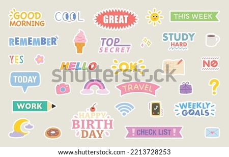 Cute diary sticker design set. flat vector illustration.