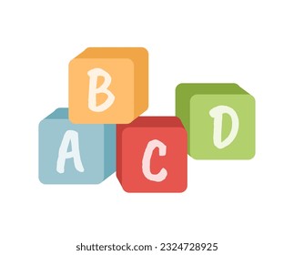 Cute dice toy for kids concept. Colorful cubes with letters. Elements for developing childrens skills and knowledges. Cartoon flat vector illustration isolated on white background