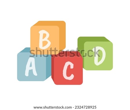 Cute dice toy for kids concept. Colorful cubes with letters. Elements for developing childrens skills and knowledges. Cartoon flat vector illustration isolated on white background