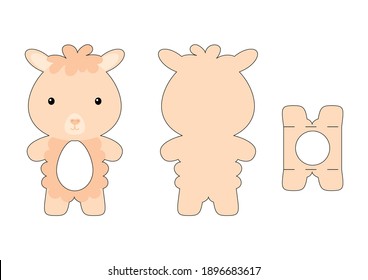 Cute die cut alpaca chocolate egg holder template. Retail paper box for the easter egg. Printable color scheme. Laser cutting vector template. Isolated vector packaging design illustration.