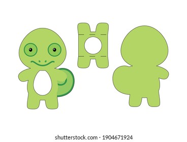 Cute die cut chameleon chocolate egg holder template. Retail paper box for the easter egg. Printable color scheme. Laser cutting vector template. Isolated vector packaging design illustration.