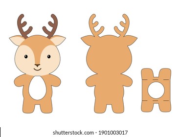 Cute die cut deer chocolate egg holder template. Retail paper box for the easter egg. Printable color scheme. Laser cutting vector template. Isolated vector packaging design illustration.