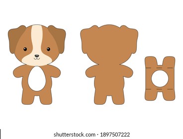 Cute Die Cut Dog Chocolate Egg Holder Template. Retail Paper Box For The Easter Egg. Printable Color Scheme. Laser Cutting Vector Template. Isolated Vector Packaging Design Illustration.