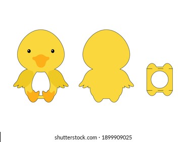 Cute die cut duck chocolate egg holder template. Retail paper box for the easter egg. Printable color scheme. Laser cutting vector template. Isolated vector packaging design illustration.