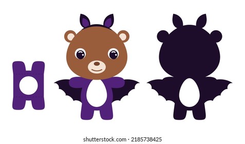 Cute die cut Halloween bear chocolate egg holder template. Cartoon animal character in a bat costume. Retail paper box for the easter egg. Printable color scheme. Vector stock illustration