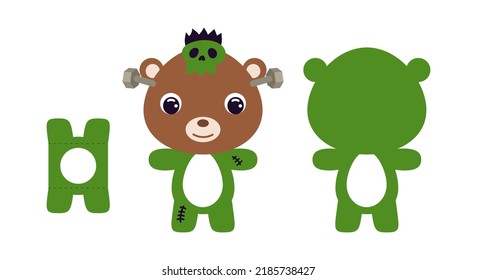 Cute die cut Halloween bear chocolate egg holder template. Cartoon animal character in a Frankenstein costume. Retail paper box for the easter egg. Printable color scheme. Vector stock illustration