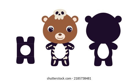 Cute die cut Halloween bear chocolate egg holder template. Cartoon animal character in a skeleton costume. Retail paper box for the easter egg. Printable color scheme. Vector stock illustration