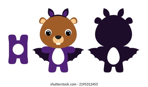 Cute die cut Halloween beaver chocolate egg holder template. Cartoon animal character in a bat costume. Retail paper box for the easter egg. Printable color scheme. Vector stock illustration