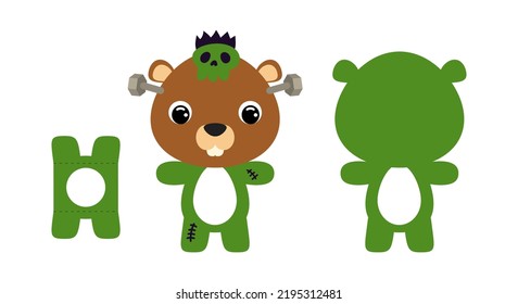 Cute die cut Halloween beaver chocolate egg holder template. Cartoon animal character in a monster costume. Retail paper box for the easter egg. Printable color scheme. Vector stock illustration