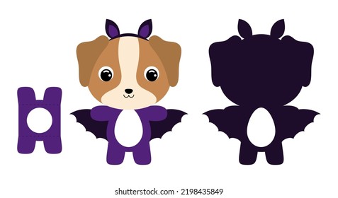 Cute Die Cut Halloween Dog Chocolate Egg Holder Template. Cartoon Animal Character In A Bat Costume. Retail Paper Box For The Easter Egg. Printable Color Scheme. Vector Stock Illustration