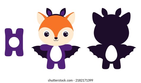 Cute die cut Halloween fox chocolate egg holder template. Cartoon animal character in a bat costume. Retail paper box for the easter egg. Printable color scheme. Vector stock illustration