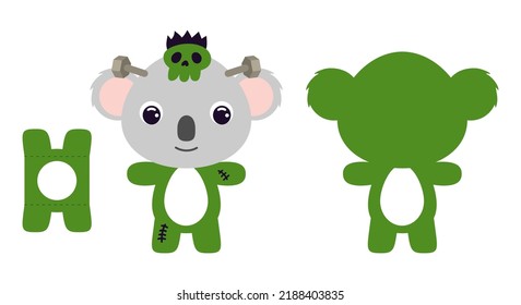 Cute die cut Halloween koala chocolate egg holder template. Cartoon animal character in a Frankenstein costume. Retail paper box for the easter egg. Printable color scheme. Vector stock illustration