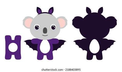 Cute die cut Halloween koala chocolate egg holder template. Cartoon animal character in a bat costume. Retail paper box for the easter egg. Printable color scheme. Vector stock illustration