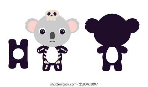 Cute die cut Halloween koala chocolate egg holder template. Cartoon animal character in a skeleton costume. Retail paper box for the easter egg. Printable color scheme. Vector stock illustration