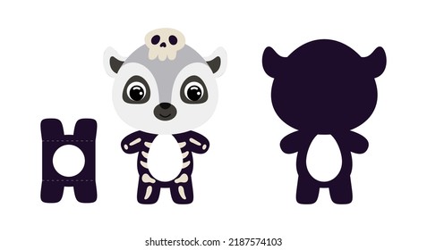 Cute die cut Halloween lemur chocolate egg holder template. Cartoon animal character in a skeleton costume. Retail paper box for the easter egg. Printable color scheme. Vector stock illustration