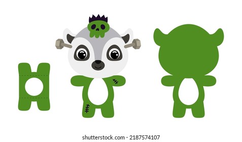 Cute die cut Halloween lemur chocolate egg holder template. Cartoon animal character in a monster costume. Retail paper box for the easter egg. Printable color scheme. Vector stock illustration