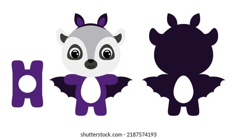 Cute die cut Halloween lemur chocolate egg holder template. Cartoon animal character in a bat costume. Retail paper box for the easter egg. Printable color scheme. Vector stock illustration