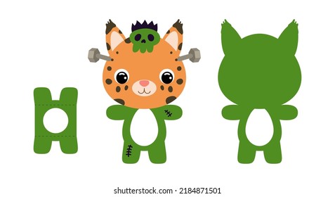 Cute die cut Halloween lynx chocolate egg holder template. Cartoon animal character in a monster costume. Retail paper box for the easter egg. Printable color scheme. Vector stock illustration