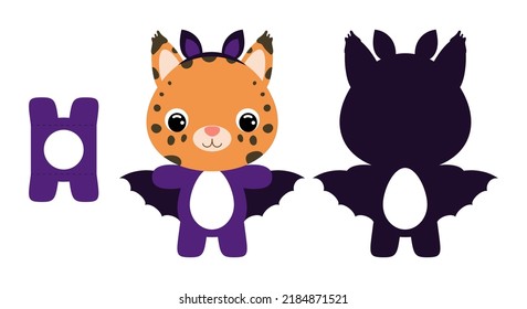 Cute die cut Halloween lynx chocolate egg holder template. Cartoon animal character in a bat costume. Retail paper box for the easter egg. Printable color scheme. Vector stock illustration