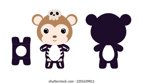 Cute die cut Halloween monkey chocolate egg holder template. Cartoon animal character in a skeleton costume. Retail paper box for the easter egg. Printable color scheme. Vector stock illustration
