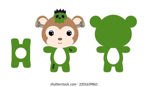 Cute die cut Halloween monkey chocolate egg holder template. Cartoon animal character in a monster costume. Retail paper box for the easter egg. Printable color scheme. Vector stock illustration