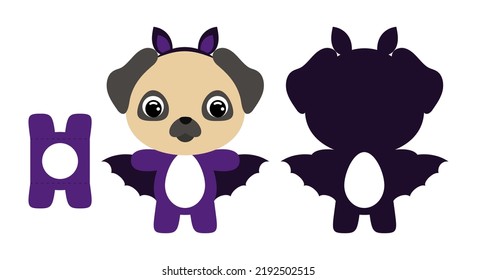 Cute Die Cut Halloween Pug Dog Chocolate Egg Holder Template. Cartoon Animal Character In A Bat Costume. Retail Paper Box For The Easter Egg. Printable Color Scheme. Vector Stock Illustration