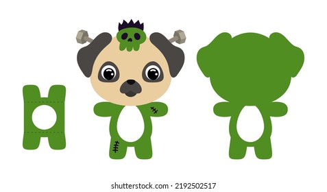 Cute Die Cut Halloween Pug Dog Chocolate Egg Holder Template. Cartoon Animal Character In A Monster Costume. Retail Paper Box For The Easter Egg. Printable Color Scheme. Vector Stock Illustration