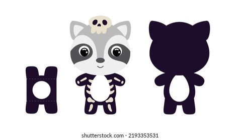 Cute die cut Halloween raccoon chocolate egg holder template. Cartoon animal character in a skeleton costume. Retail paper box for the easter egg. Printable color scheme. Vector stock illustration
