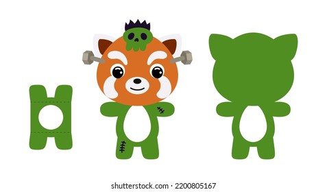Cute die cut Halloween red panda chocolate egg holder template. Cartoon animal character in a monster costume. Retail paper box for the easter egg. Printable color scheme. Vector stock illustration