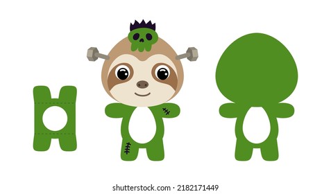 Cute die cut Halloween sloth chocolate egg holder template. Cartoon animal character in a monster costume. Retail paper box for the easter egg. Printable color scheme. Vector stock illustration