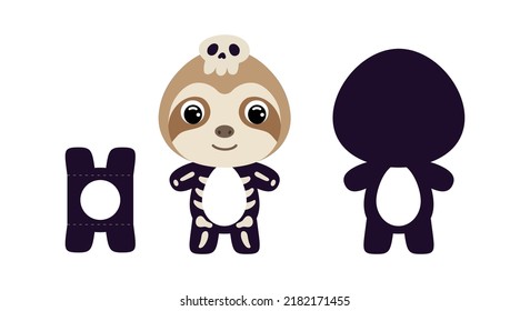 Cute die cut Halloween sloth chocolate egg holder template. Cartoon animal character in a skeleton costume. Retail paper box for the easter egg. Printable color scheme. Vector stock illustration