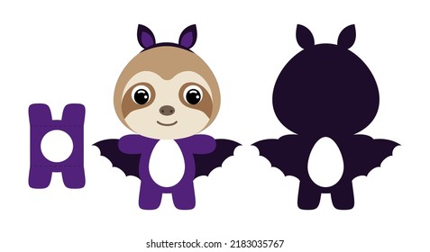 Cute die cut Halloween sloth chocolate egg holder template. Cartoon animal character in a bat costume. Retail paper box for the easter egg. Printable color scheme. Vector stock illustration