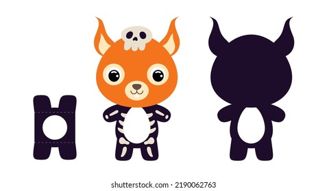 Cute die cut Halloween squirrel chocolate egg holder template. Cartoon animal character in a skeleton costume. Retail paper box for the easter egg. Printable color scheme. Vector stock illustration