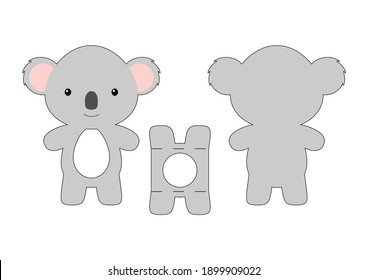 Cute die cut koala chocolate egg holder template. Retail paper box for the easter egg. Printable color scheme. Laser cutting vector template. Isolated vector packaging design illustration.