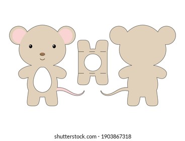 Cute die cut mouse chocolate egg holder template. Retail paper box for the easter egg. Printable color scheme. Laser cutting vector template. Isolated vector packaging design illustration.