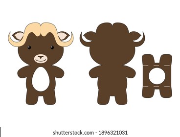 Cute die cut musk-ox chocolate egg holder template. Retail paper box for the easter egg. Printable color scheme. Laser cutting vector template. Isolated vector packaging design illustration.