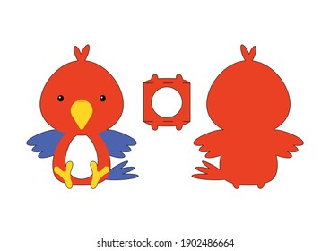 Cute die cut parrot chocolate egg holder template. Retail paper box for the easter egg. Printable color scheme. Laser cutting vector template. Isolated vector packaging design illustration.
