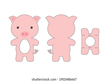 Cute die cut pig chocolate egg holder template. Retail paper box for the easter egg. Printable color scheme. Laser cutting vector template. Isolated vector packaging design illustration.