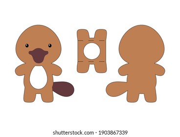 Cute die cut platypus chocolate egg holder template. Retail paper box for the easter egg. Printable color scheme. Laser cutting vector template. Isolated vector packaging design illustration.