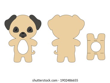 Cute Die Cut Pug Dog Chocolate Egg Holder Template. Retail Paper Box For The Easter Egg. Printable Color Scheme. Laser Cutting Vector Template. Isolated Vector Packaging Design Illustration.