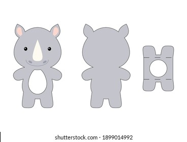 Cute die cut rhino chocolate egg holder template. Retail paper box for the easter egg. Printable color scheme. Laser cutting vector template. Isolated vector packaging design illustration.